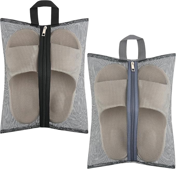 2 Pcs Shoe Bags for Travel, Mesh Breathable Sneaker Bags Portable Shoe Storage Organizer with Handle for Travel Gym Sport, Reusable Zipper Pouch for Women and Men