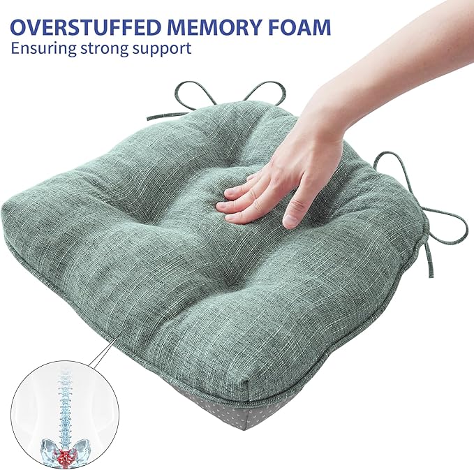Chair Cushions for Dining Chairs Set of 6, Kitchen Chair Cushions, Chair Pads with Ties Non Slip Backing, Christmas Room Decor, Tufted Memory Foam Seat Cushion 6 Pack, 15.5x15.5x4, Sage Green