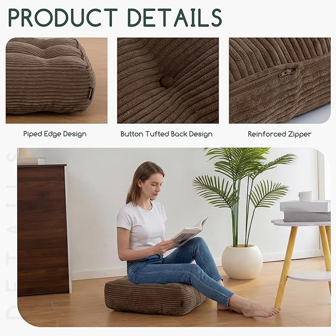 HIGOGOGO Tufted Corduroy Recliner Seat Cushion for Elderly, 20x20x6 Inch Extra Large Square Seat Cushion for Recliner Chair, Floor Pillow, Office Chair, Car, No Pressure on Thighs, Brown