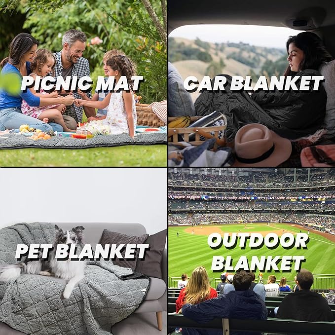 Waterproof Outdoor Blanket 82”X 55” Packable, Stadium Blankets for Camping with Sherpa Fleece Lining, Large Windproof Emergency Throw for Garss Picnic Hiking Road Trip, Machine Washable, Black 300GSM