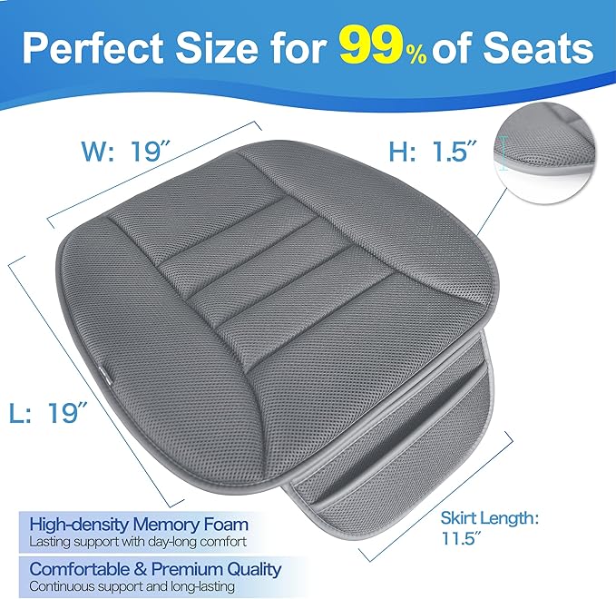Car Seat Cushion, Driver Cushion with Comfort Memory Foam & Non-Slip Rubber Bottom, Car Seat Pad Works with 95% of Vehicles and Office Chair or Home - 4D Dark Grey