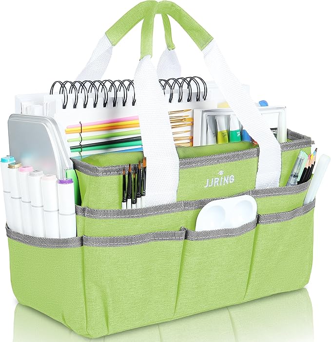 JJRING Craft Organizer Tote Bag, Art Storage Caddy with Multiple Pockets, Cyan Sewing Bag for Art, Craft, Scrapbooking, School, Medical, and Office Supplies Storage