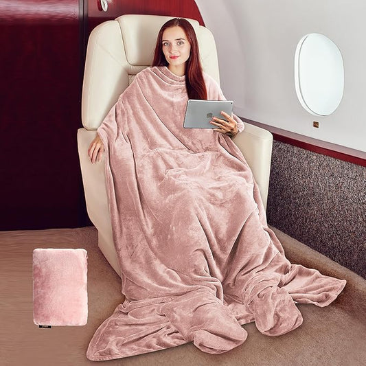 Tirrinia Travel Blanket Pillow - Wearable Airplane Blanket with Feet Pockets for Long Flights, Airplane Accessories Blanket Robe for Women and Men, Gift for Her