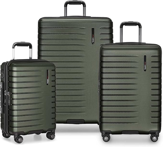 Traveler's Choice Archer Polycarbonate Hardside Spinner Luggage Set, Tie Down Straps, Green, 3-Piece