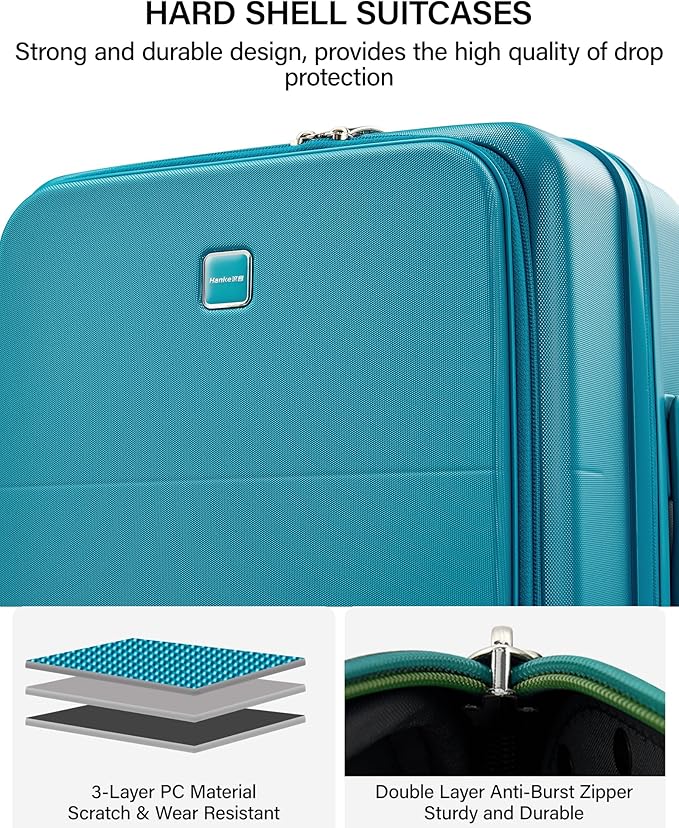 Hanke 20 Inch Expandable Carry On Luggage with Cup Holder 22x14x9 Airline Approved, Top Opening Hard Shell Suitcases with Wheels, Carry-On Travel Suitcase Trunk Luggage with Lock, Caribbean Blue
