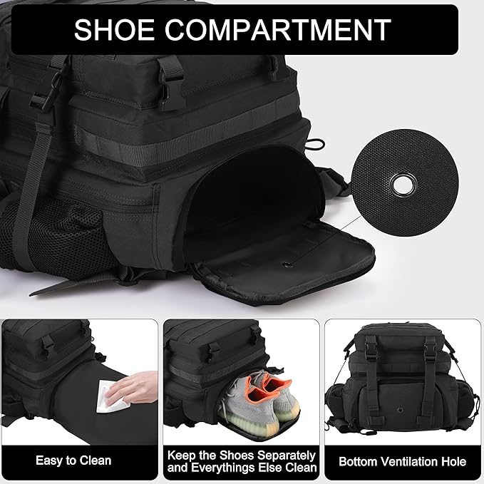 LHI Military Tactical Backpack for Men and Women 45L Army 3 Days Assault Pack Bag Large Rucksack with Shoe Compartment