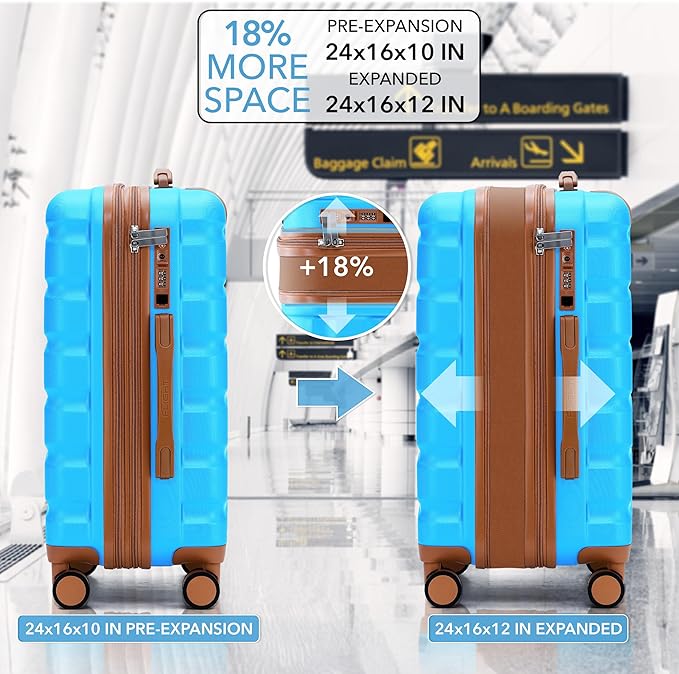 Flight Knight 24x16x10 Expandable Carry On Suitcase Hardside TSA Lock USB C Lightweight Luggage Silent Double Spinner Wheels Maximum Overhead Carry-On Bag Virgin South West Approved Turquoise/Tan