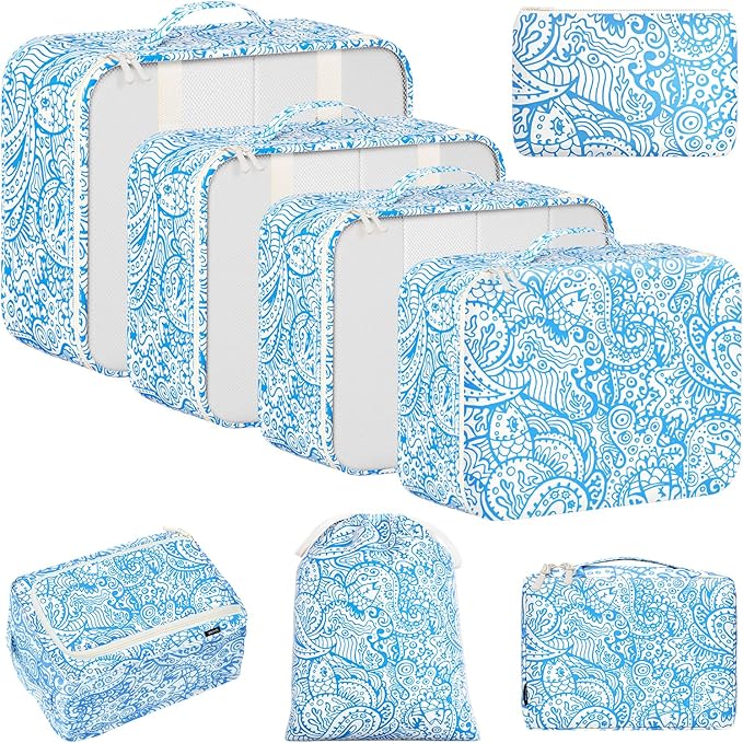 BAGAIL 8 Set Packing Cubes Luggage Packing Organizers for Travel Accessories-Blue paisley