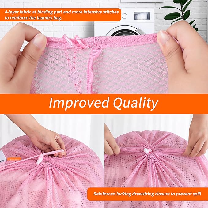 Polecasa Heavy Duty Large Mesh Laundry Bags with ID Tag and Locking Drawstring Closure - 2 Pack, 24 x 36 inches - Laundry Hamper Liner, Washable Laundry Bag for Travel, Sports, Dorms (Pink)