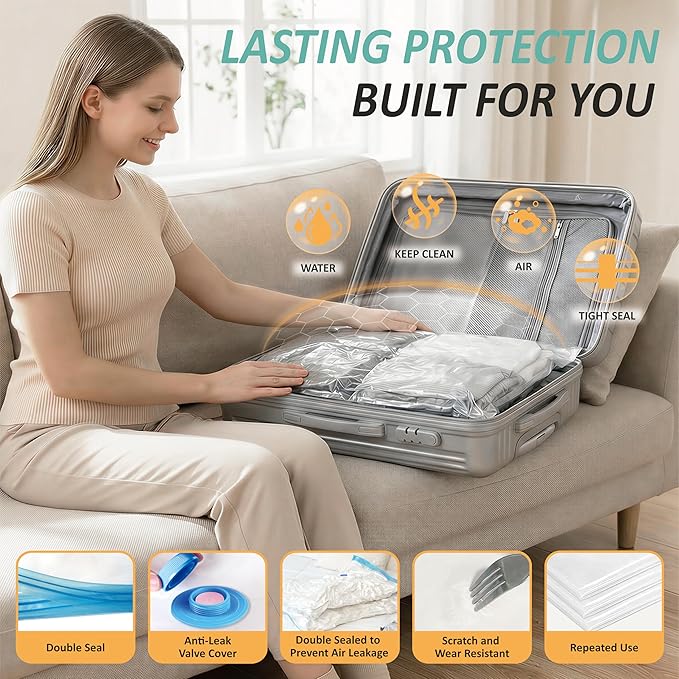 Cozy Essential Travel Vacuum Storage Bags with Rechargeable Cordless Electric Pump, Space Saver Bags for Luggage, Suitcase, Carry-On, for Clothes, Blankets, Comforters, Pillows, 8 Combo