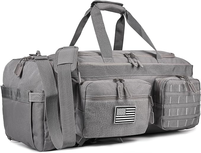 LHI 50L Tactical Duffle Bag for Men, 3-in-1 Gym Duffle and Backpack, Shoe Compartment, Laptop Sleeve and MOLLE, Carry-On Travel Weekender and Overnight Bag – Gray