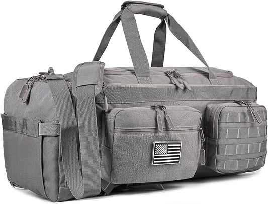 LHI 50L Tactical Duffle Bag for Men, 3-in-1 Gym Duffle and Backpack, Shoe Compartment, Laptop Sleeve and MOLLE, Carry-On Travel Weekender and Overnight Bag – Gray