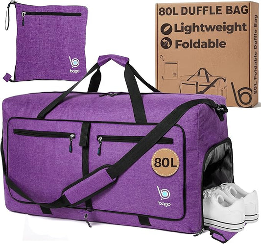 Bago Large Duffle Bag for Travel Women & Men. Durable Lightweight Foldable Travel Duffel Bags For Traveling Women. 80L Duffle Bags For Overnight Bag With Shoe Compartment Collapsible Weekender duffel