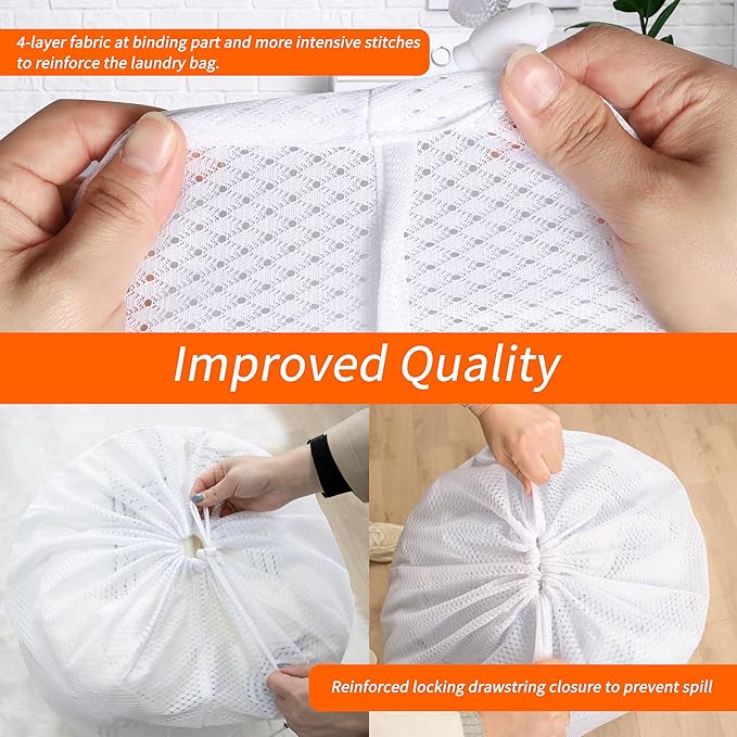 Polecasa Extra Heavy Duty Large Diamond Mesh Laundry Bags with Drawstring Closure & ID Tag, 24 x 36 inches Washable Storage Bag for College, Travel, Sports, Dorms, White