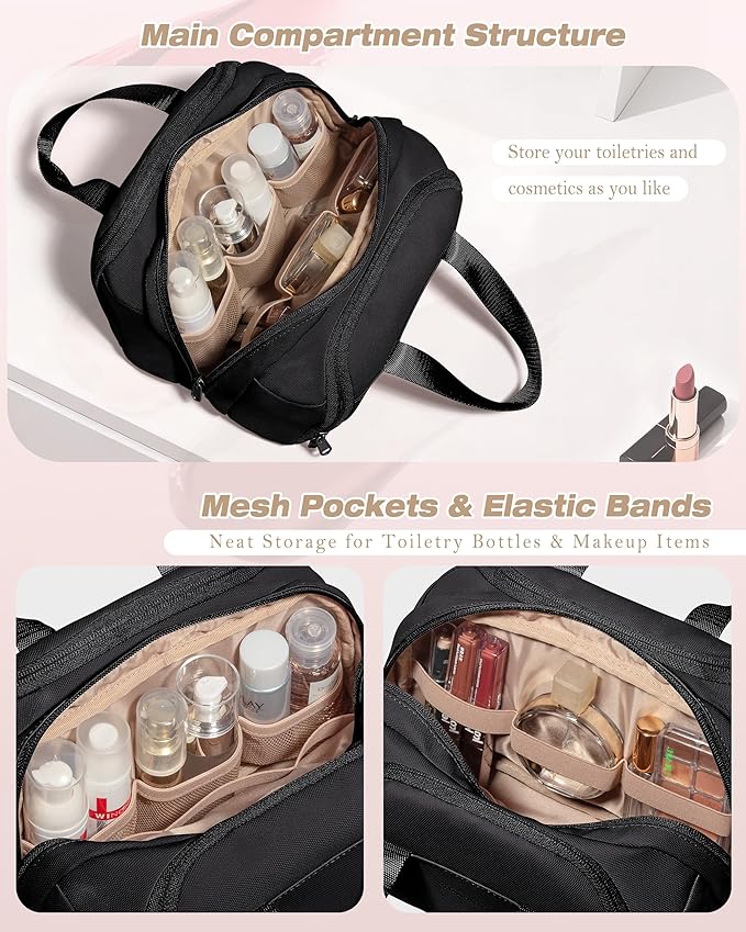 Travel Makeup Bag, Small Size Waterproof Toiletry & Cosmetic Organizer with Leakproof Pockets for Bathroom or Vanity Use for Women, Black
