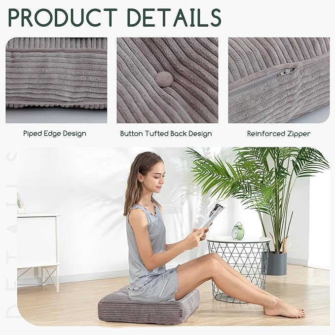 HIGOGOGO Tufted Corduroy Recliner Seat Cushion for Elderly, High Density Foam Large Square Seat Cushion for Recliner Chair, Floor Pillow, Office Chair, Car, No Pressure on Thighs, 20x20x4