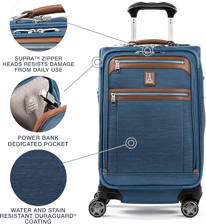 Travelpro Platinum Elite Softside Expandable Carry on Luggage, 8 Wheel Spinner Suitcase, USB Port, Suiter, Men and Women, Coastal Blue, Carry On 21-Inch