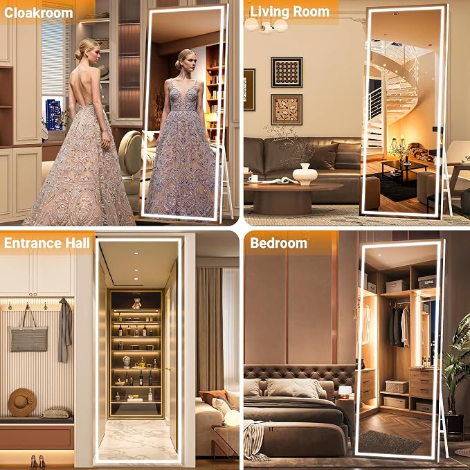 79" x 32" Full Length Mirror with Lights, Large LED Lighted Floor Standing Body Mirror, Dimmable & 3 Color Lighting for Bedroom, Cloakroom, Dressing Room, Tempered Glass, Black Frame
