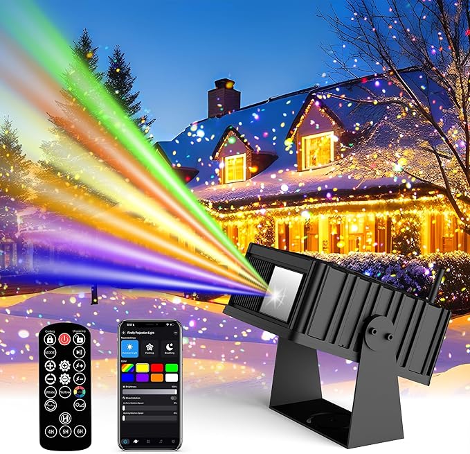 AIRIVO Outdoor Star Laser Projector, App & Remote Control 7 Colors Motion Smart Firefly Lights Christmas Snowflake Projector, 8 Lighting Effects Fairy Light Projector for Holiday Decor Garden Light
