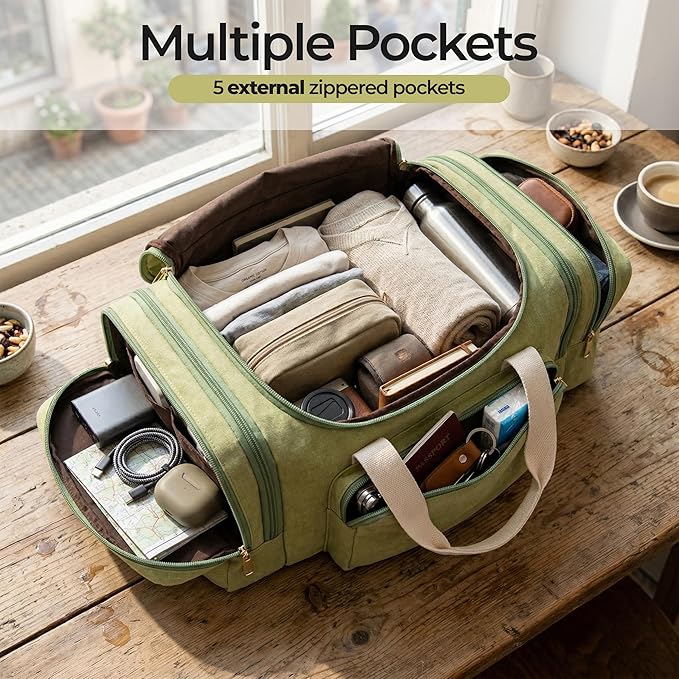 Duffle Bag for Travel (Green) 20–23” Expandable (40L) – Lightweight Water-Resistant Carry On Weekender with Multiple Pockets & Shoulder Strap – Airline Approved Travel Duffel Bags for Men & Women