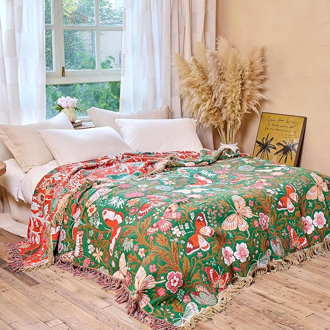 MSGKV Boho Throw Blanket for Couch 50"x60" Butterfly Floral 100% Cotton Blanket Spring Breathable Lightweight Farmhouse Blankets for Sofa Home Decor Muslin All Seasons