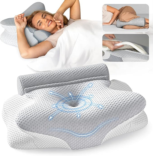 3-in-1 Orthopedic Pillow, Cervical Neck Pillow for Sleeping, Adjustable Height Memory Foam Neck Pillow and Detachable Roll, Contour Pillow for Neck Pain Relief for All Sleeping Positions (Gray)