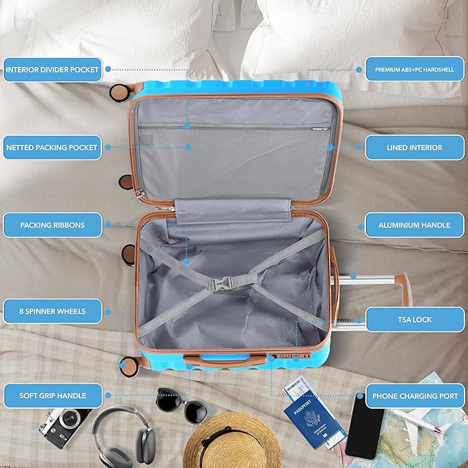Flight Knight 24x16x10 Expandable Carry On Suitcase Hardside TSA Lock USB C Lightweight Luggage Silent Double Spinner Wheels Maximum Overhead Carry-On Bag Virgin South West Approved Turquoise/Tan