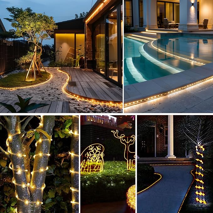 Solar Rope Lights Outdoor Waterproof, 66 Feet 200 LED 8 Modes Fairy Lights String Light, Warm White Tube Light with Solar Panel for Outside Garden Yard Patio Party Decoration
