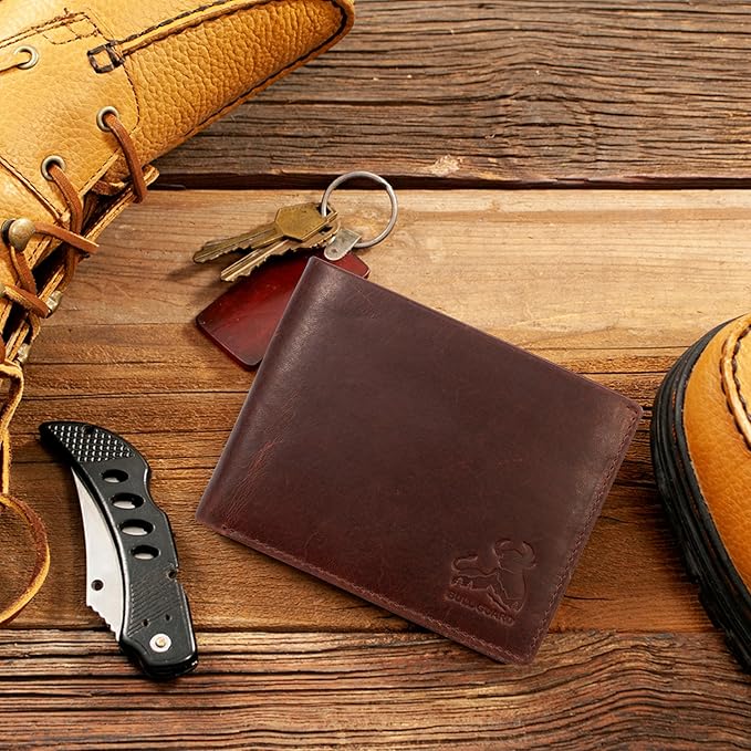 Mens RFID Blocking Bifold Wallet Supple Top Grain Leather Secure and Durable Extra Capacity Billfold with 11 Credit Cards Slots, Flip Up ID, Tight Stitching, Quick Thumb Push Access in Grizzly Brown