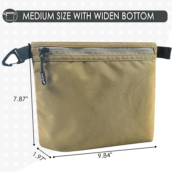 Small Pouch for Travel Essentials, Makeup Pouch Bag with Carabiner Clip on Backpack Dopp Kit Storage Pouch Organization for Toiletries, Cosmetics, Tech, Tools, Water Resistant 500D Nylon (Khaki)