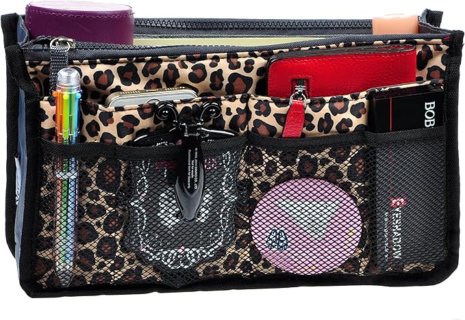 Vercord Purse Organizer Insert for Handbags Bag Organizers Inside Tote Pocketbook Women Nurse Nylon 13 Pockets Leopard Medium