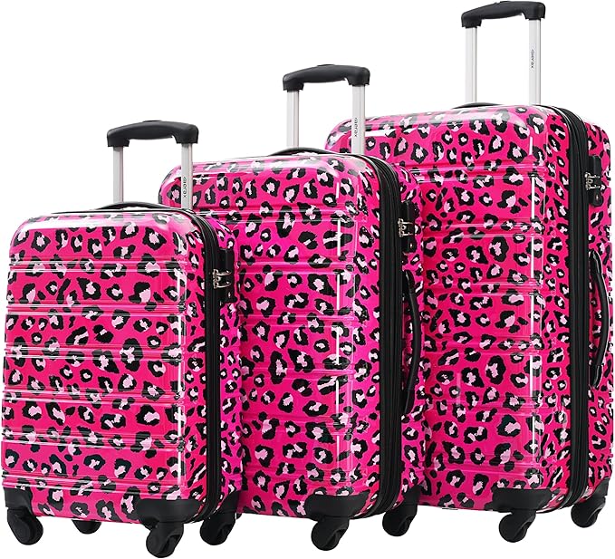 Merax Suitcase Set, Hardshell Luggage Sets 3 Piece with Spinner Wheels, Expandable Durable Suitcase with TSA Lock Lightweight 20" 24" 28", Hot Pink Leopard