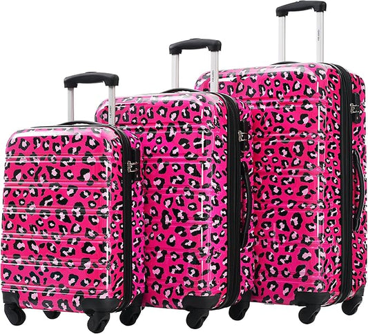 Merax Suitcase Set, Hardshell Luggage Sets 3 Piece with Spinner Wheels, Expandable Durable Suitcase with TSA Lock Lightweight 20" 24" 28", Hot Pink Leopard