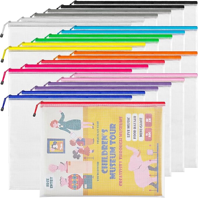 JARLINK A3 (16.5x12.6 in, 24 Pcs) Mesh Zipper Pouch, 12 Colors Extra Large Zipper Bags, Waterproof File Pouches for Office Supplies, Puzzles, Board Game, School, Travel Accessories & Craft Projects