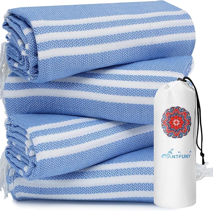 4 Pack Turkish Beach Towels Vacation Essentials with Bag Quick Dry Sand Free Soft Absorbent Adult Bath Pool Swim Long Wide Stripe Towel Cloud Linen Sandfree Mat Summer Thing Lightweight Travel Blue