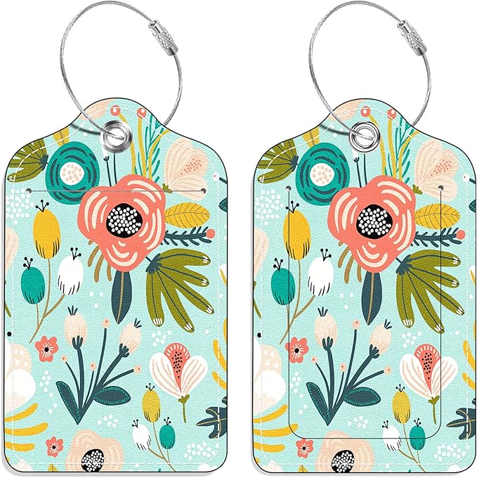 Luggage Tags, (Set of 2) PU Leather Suitcase Tags, Identifiers Privacy Cover ID Label with Stainless Steel Loop and Address Card for Travel Bag Suitcase (L- Floral Green)