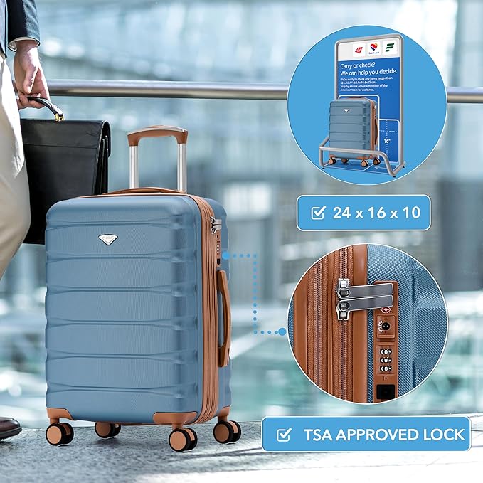 Flight Knight 24x16x10 Expandable Carry On Suitcase Hardside TSA Lock USB C Lightweight Luggage Silent Double Spinner Wheels Maximum Overhead Carry-On Bag For Virgin South West Approved Blue/Tan