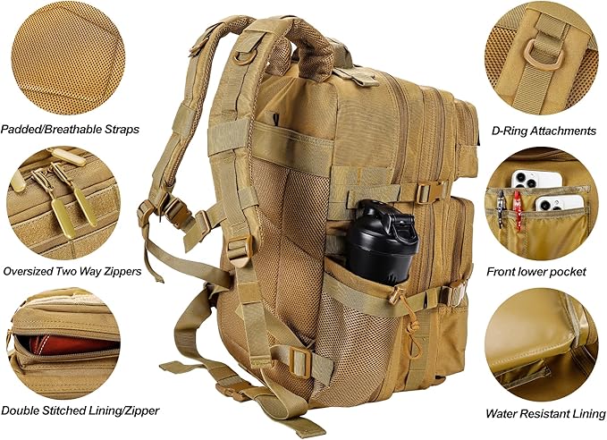 LHI Military Tactical Backpack for Men and Women 45L Army 3 Days Assault Pack Bag Large Rucksack with Molle System - Khaki