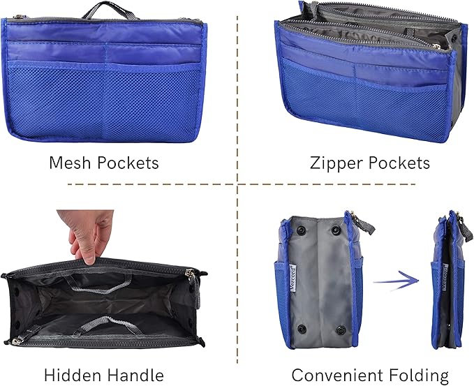 Vercord Purse Organizer Insert for Handbags Bag Organizers Inside Tote Pocketbook Women Nurse Nylon 13 Pockets Royal Blue Small