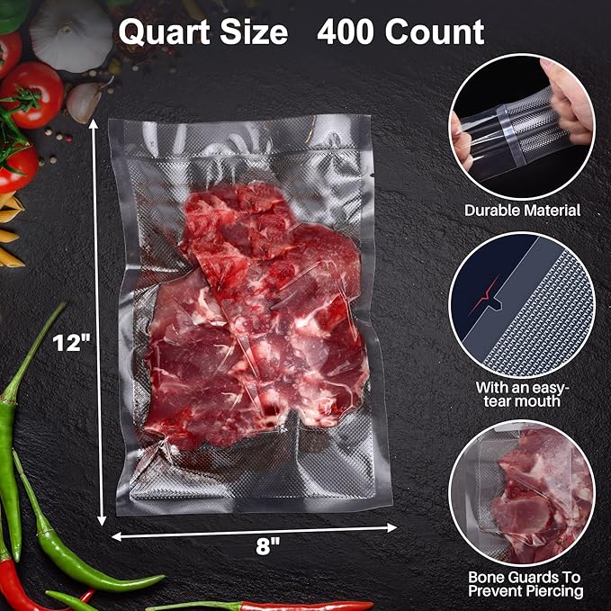 AENTGIU 400 Vacuum Sealer Storage Bags, 8x12 Inch Seal a Meal Bags, BPA Free Quart Bags, Compatible with All Heat Vacuum Sealers Machine, Heavy Duty, Ideal for vac storage, Meal Prep or Sous Vide
