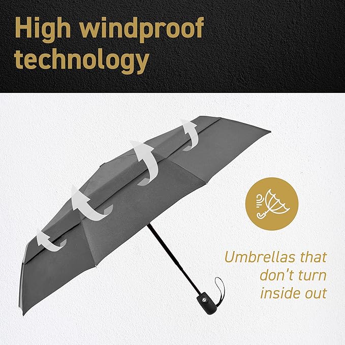 Windproof Compact Umbrella for Rain - 42” Travel Umbrella, Portable, Strong, Collapsible to 11”, Automatic Open Close Button, Vented Double Canopy with Fiberglass/Steel Frame, Wind Resistance to 55MPH