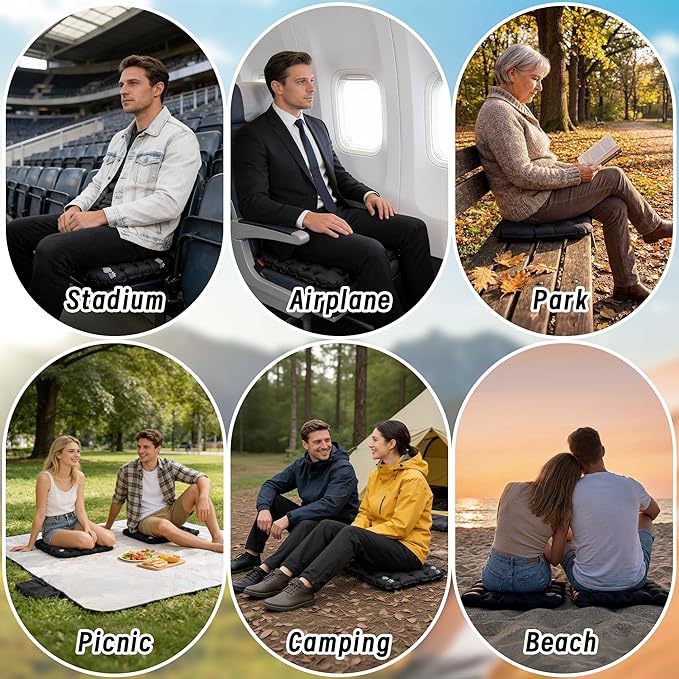 Inflatable Seat Cushion, Lightweight Camping Air Sitting Pad with Repair Cloths, Waterproof Air Cushion, Portable Air Seat Cushion for Climbing Hiking Office Airplane Car Stadium Seat