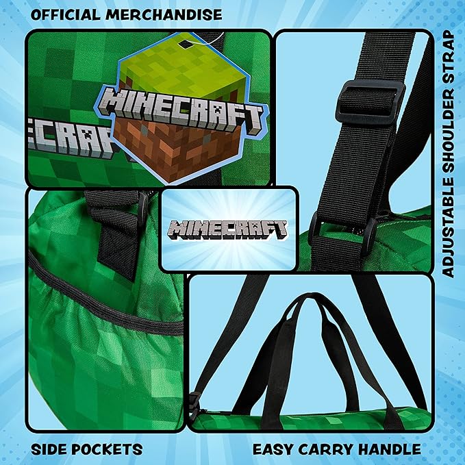 Minecraft Gym Bag for Kids Teens Duffle Bag Travel Overnight Sports Creeper Weekender Bag Carry On Holdall (Green, 16.14x7.08x7.48inches)