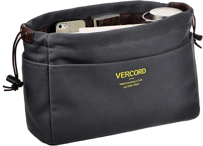 Vercord Canvas Handbag Organizers, Sturdy Purse Insert Organizer Bag in Bag, 10 Pockets Grey Small