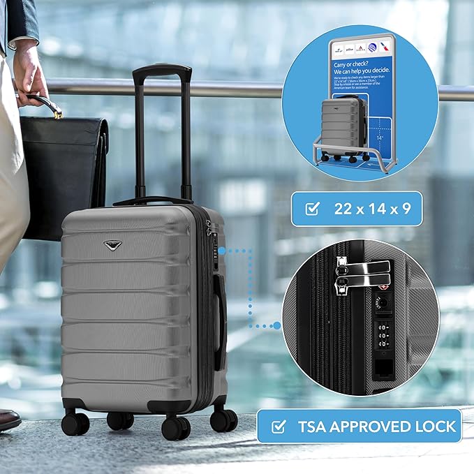 Flight Knight 22x14x9" Expandable Carry On Suitcase Hardside TSA Lock USB C Port Lightweight Luggage Silent Double Spinner Wheels Maximum Overhead Carry-On Bag For American & United Approved Airlines