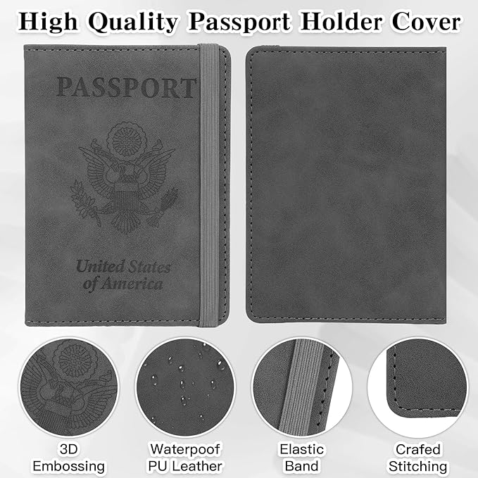 Passport Holder for Travel, RFID Blocking Passport Cover with Pen Holder Leather Passport Wallet Case Travel Must Haves Accessories Passport Book Card Holder for Family Travel Essentials Gifts, Gray