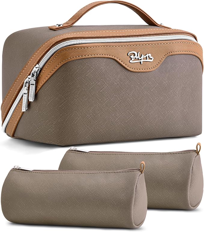 BOYATU Travel Makeup Bag Organizer Cosmetic Bag: 3 Pcs Set Make up Bags for Women with Handle - Waterproof Vegan Leather Toiletry Bags Travel Essentials Pouch with Compartments (A-02-Grey)