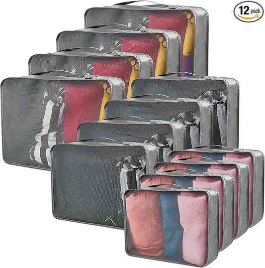Silkfly 12 Pcs Packing Cubes for Suitcase Travel Luggage Bags Bulk Mesh Organizer Set for Hiking Camping Backpacking Clothes Accessories (Gray,XL, L, M Size)