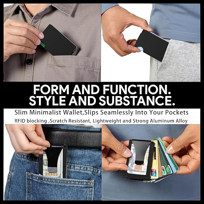 Carbon Fiber Minimalist Wallet for Men Credit Card Holder Money Clip & Cash Strap Slim RFID Mens Wallets(Matt Black)