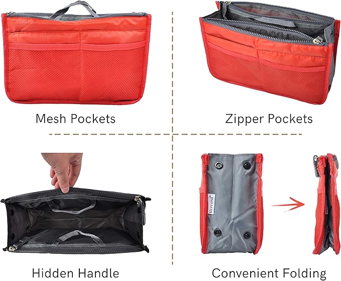 Vercord Purse Organizer Insert for Handbags Bag Organizers Inside Tote Pocketbook Women Nurse Nylon 13 Pockets Red Medium